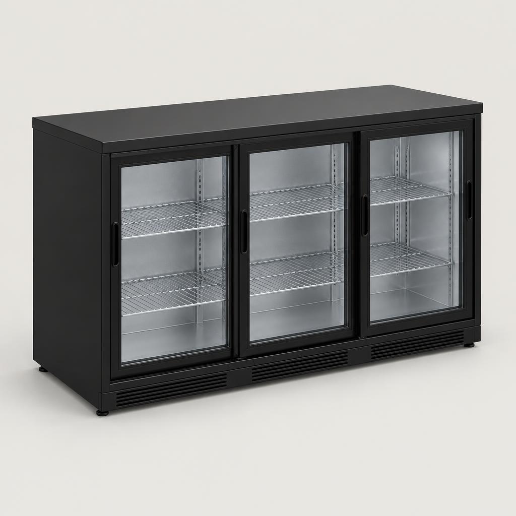 Bar fridge 320L, 3 sliding glass doors, black